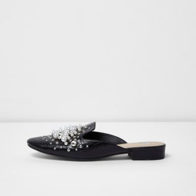 Black diamante and pearl backless loafers
